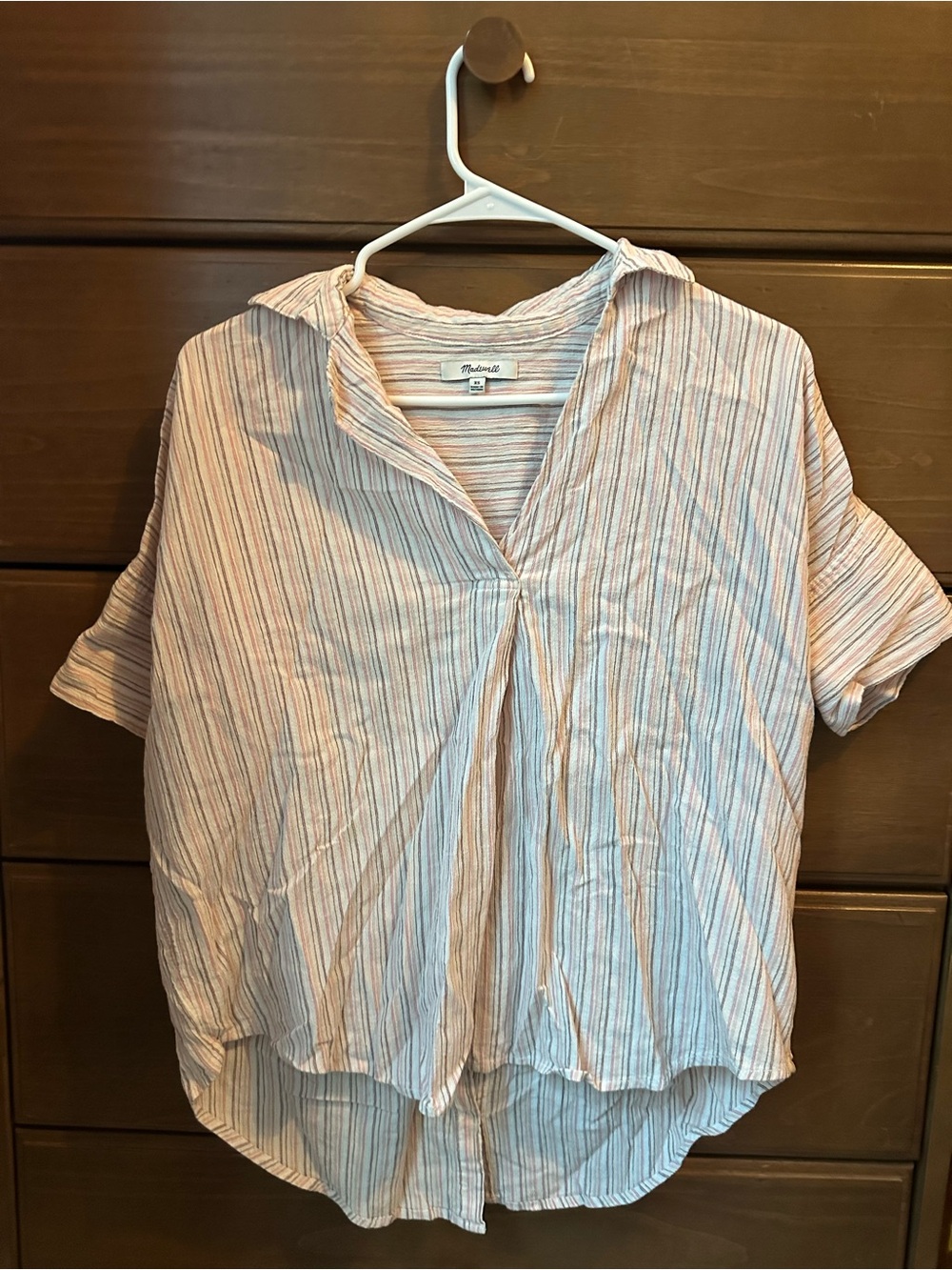 Madewell Striped Short-Sleeve Button Front Top in Light Blue & Pink